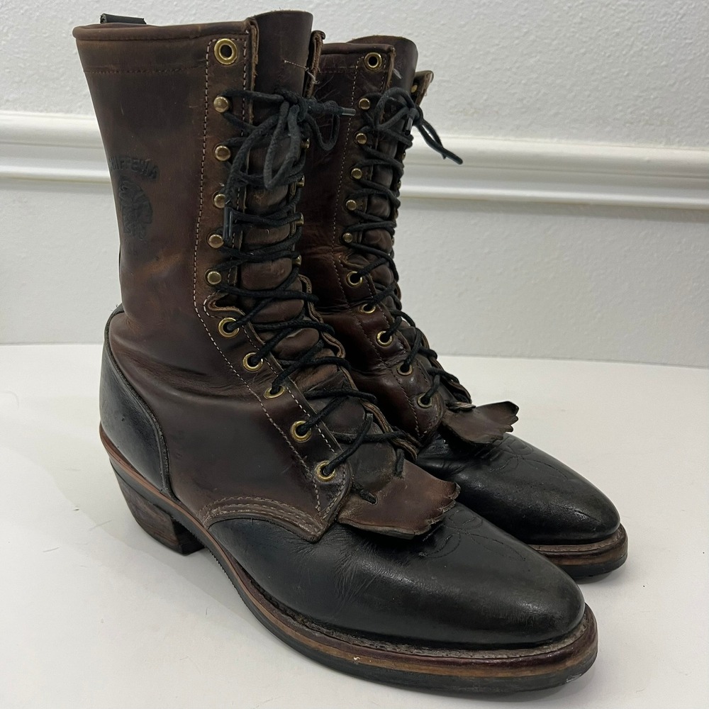 VTG Chippewa Packer Boots Two-Tone Brown Black Leather Lace Up Kiltie USA 10D